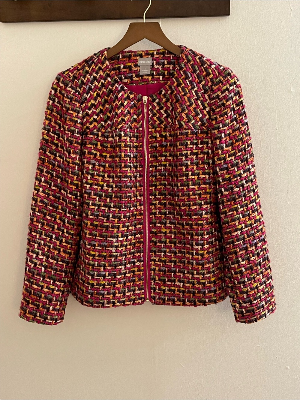 Chico’s Multicolor Boucle Tweed Zip Jacket Size 1 8/10